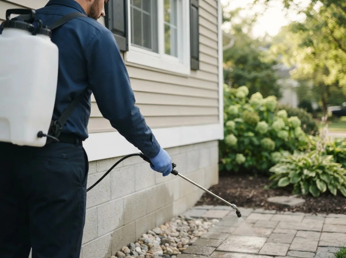 Pest control technician inspecting a home in Quinault, WA